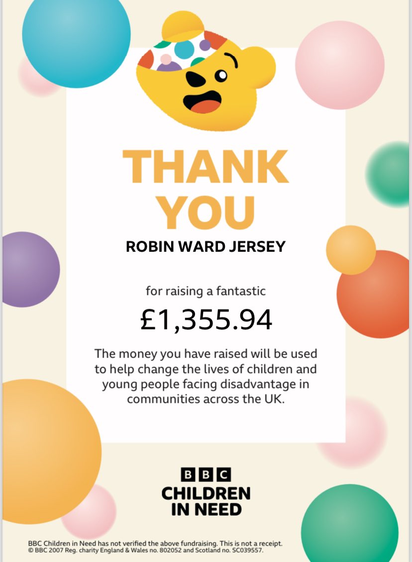 A huge thank you to everyone who took part, helped organise, baked cakes and donated to our event for <a href="/BBCCiN/">BBC Children in Need</a> back in November.
Pleased to announce that we raised a fantastic amount of money for a great cause. A total of £1,355.94 🌟 
@GovJsyHCS