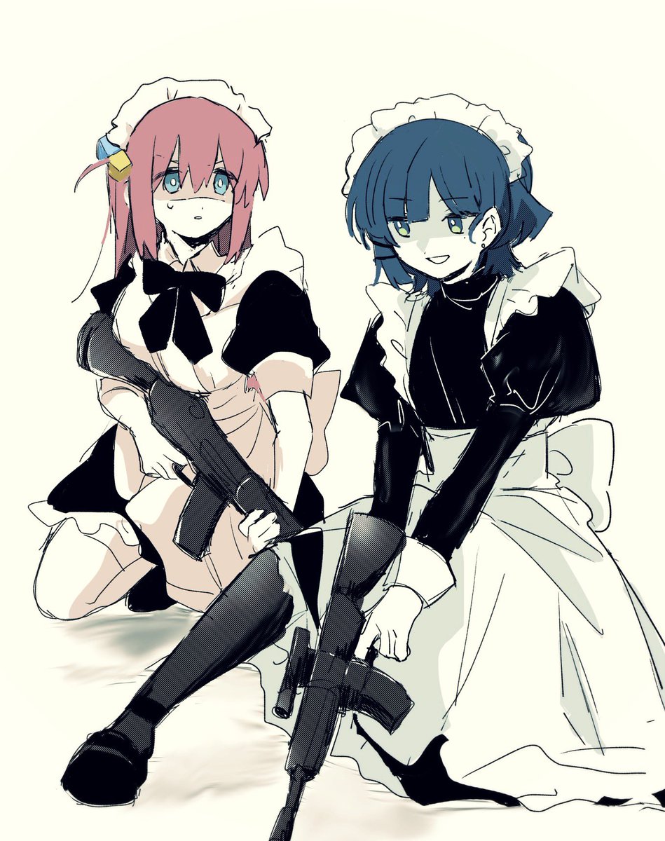 gotoh hitori ,gotou hitori ,yamada ryo multiple girls 2girls maid maid headdress weapon gun pink hair  illustration images