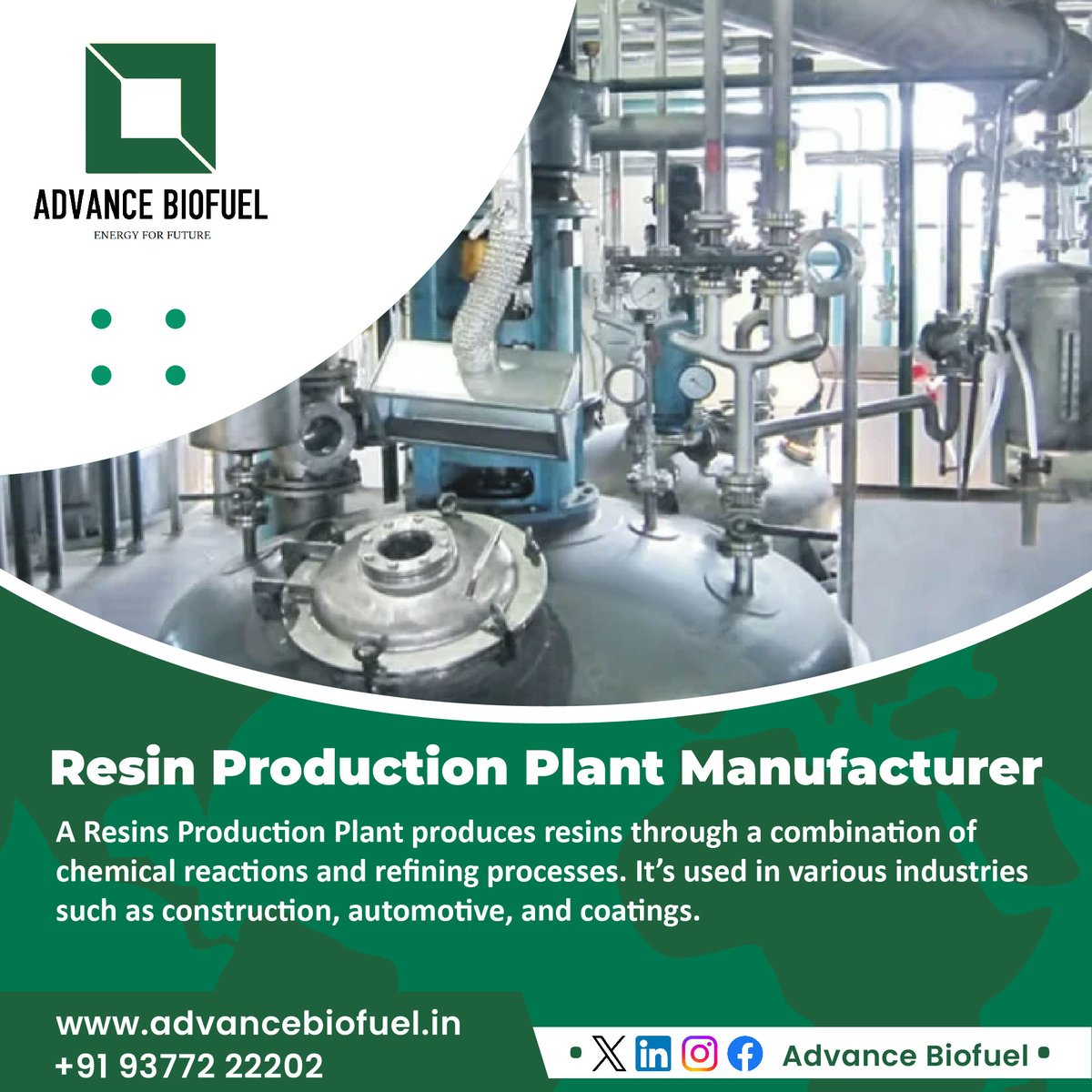 A Resins Production Plant produces resins through a combination of chemical reactions and refining processes.

#AdvancedBiofuel #ResinProduction #Manufacturing #IndustrialSolutions #ChemicalIndustry #PlantEngineering #PolymerManufacturing #ResinManufacturer #InnovationInIndustry