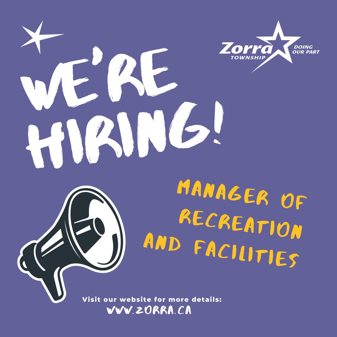 We’re hiring! Positions available for a Manager of Emergency Services/Fire Chief and a Manager of Recreation and Facilities. Apply by December 15th. Details on our website zorra.ca/en/our-townshi…