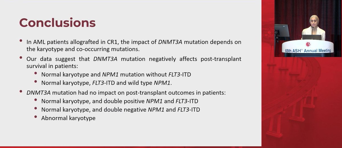 CONGRESS | #ASH23 | @ImanAboudalle @AUB_Lebanon reports the impact of DNMT3A mutation on post-transplant outcomes in pts with AML patients receiving allo-HCT in first remission using #EBMT database. N=1374, DNMT3A mutant=46%. DNMT3A mutation negatively affects post-transplant…
