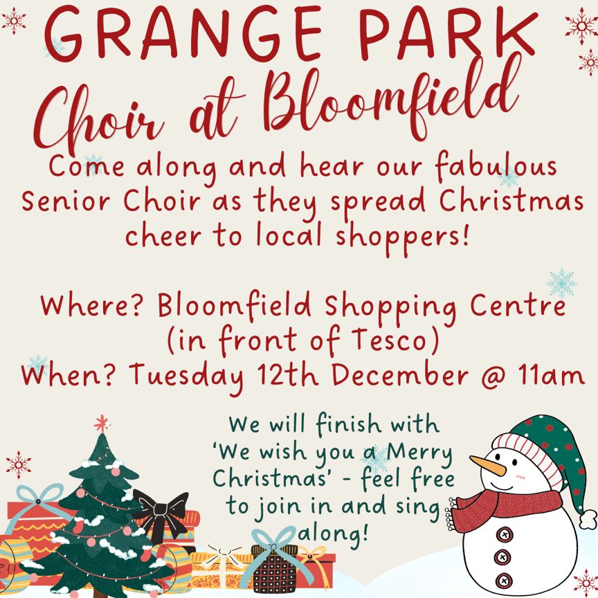 Our fabulous senior choir are singing in Bloomfield Shopping Centre. We hope to see you there!