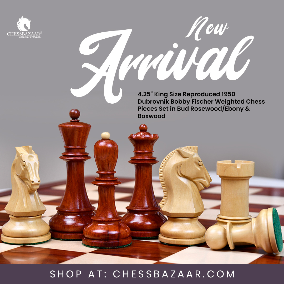 1950 Reproduced Dubrovnik Bobby Fischer Chessmen Version 3.0 in Ebony  Wood/Box Wood - 3.75 King