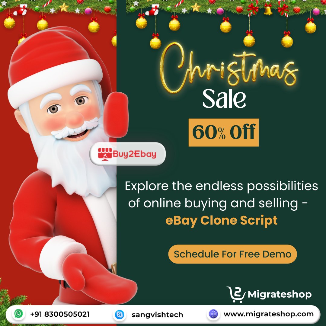 migrateshop's tweet image. 🚀 Elevate your online auction business with our #eBayclonescript! 🌐✨ For this Christmas and New Year Sale Get 60% Off on our script 💥 Get started now! 👉 migrateshop.com/ebay-clone/ 
#ecommerce #B2C #marketplace #migrateshop #Auctionscript #business #WordPressDevelopment