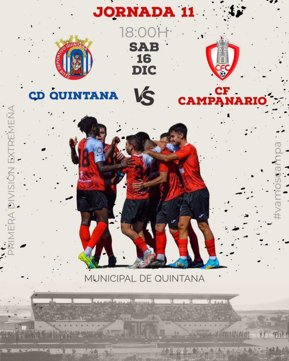 🏆 11ª Jornada | Primera División Extremeña

🆚 CD Quintana
📅 16/12
⏰ 18:00 H
🏟️ Municipal de Quintana

#vamoscampa🔴🔴
