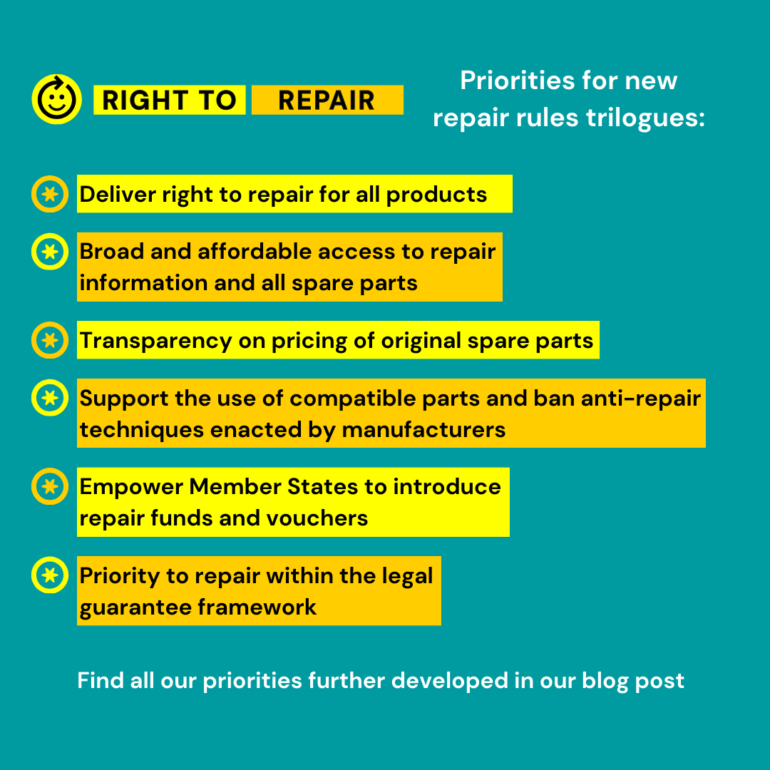 The trilogues of the #righttorepair initiative have finally started, and our coalition is ready to run the final sprint.  

We are pushing for these 6 essential points that we hope to see in the final version of the text. Read them all here: repair.eu/news/our-prior…

#repair