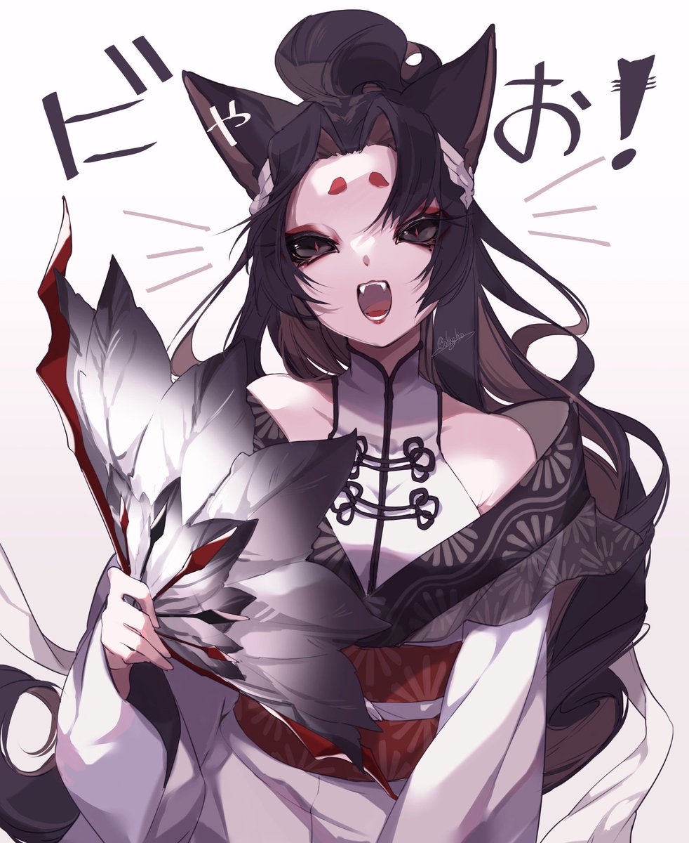 1girl animal ears black hair long hair open mouth solo fangs  illustration images