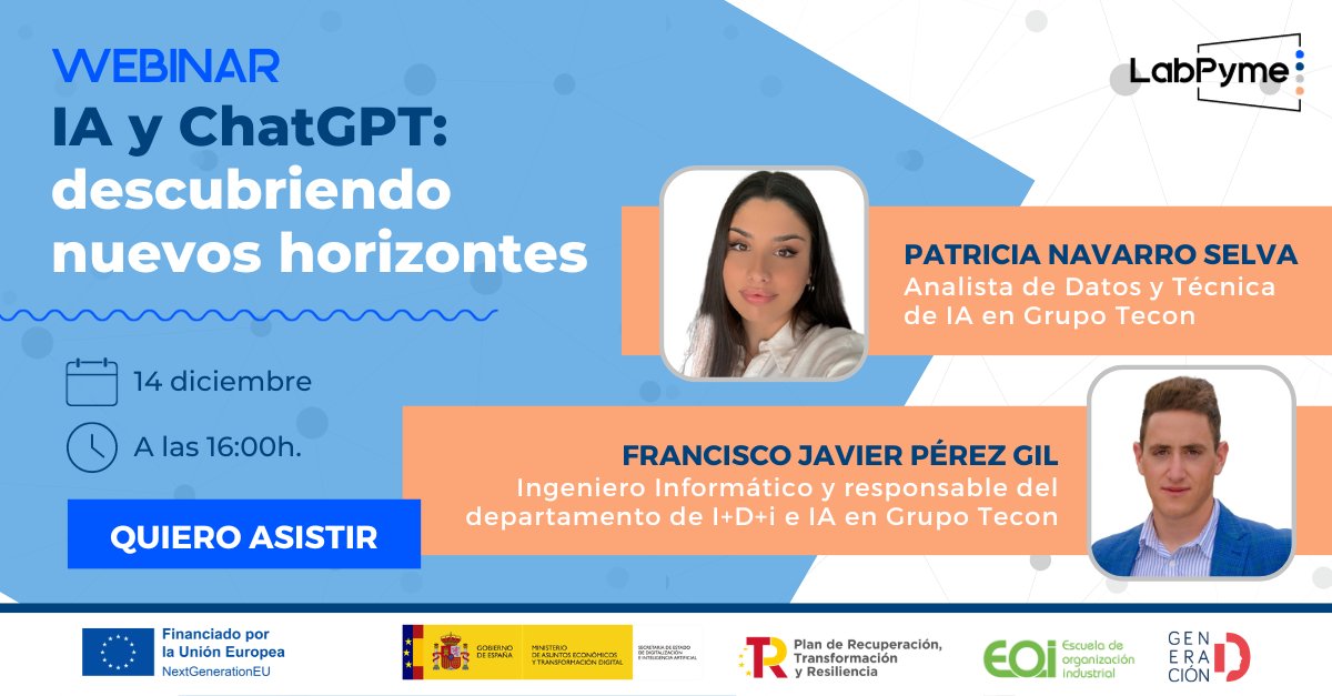 📣 Webinar | Inteligencia artificial y #ChatGPT: descubriendo nuevos horizontes

Conoce de forma práctica el potencial de ChatGPT en nuestra sesión online en directo con 2 expertos técnicos en IA ➡ events.teams.microsoft.com/event/9b012bdf…

#PlanDeRecuperación #NextGenerationEU #GeneraciónD <a href="/eoi/">EOI</a>