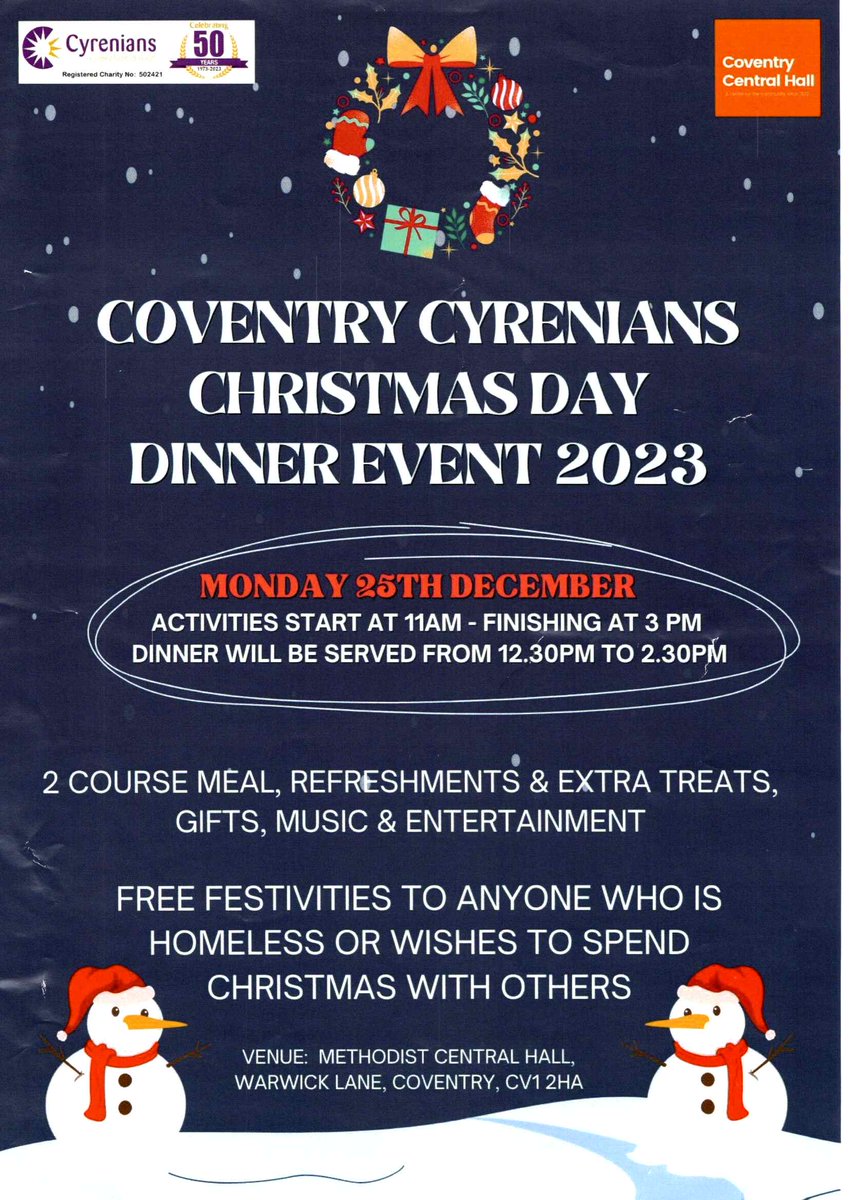 Cov & Warks CDA (@cw_cda) on Twitter photo Sharing <a href="/TheCyrenians/">Coventry Cyrenians</a> Christmas Day Dinner Event 2023.
For anyone who is #homeless or wants to spend Christmas with others.
from 11am <a href="/CovCentralHall/">CoventryCentralHall</a> 
#coventry #makingadifference #NotAlone
 Christmas Day Dinner Event 2023. Sharing <a href="/TheCyrenians/">Coventry Cyrenians</a> Christmas Day Dinner Event 2023.
For anyone who is #homeless or wants to spend Christmas with others.
from 11am <a href="/CovCentralHall/">CoventryCentralHall</a> 
#coventry #makingadifference #NotAlone
 Christmas Day Dinner Event 2023.