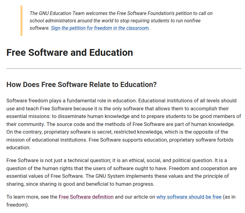 Educational institutions of all levels should use and teach #FreeSoftware because it is the only software that allows them to accomplish their essential missions: to disseminate human knowledge and to prepare students to be good members of their community u.fsf.org/1dz