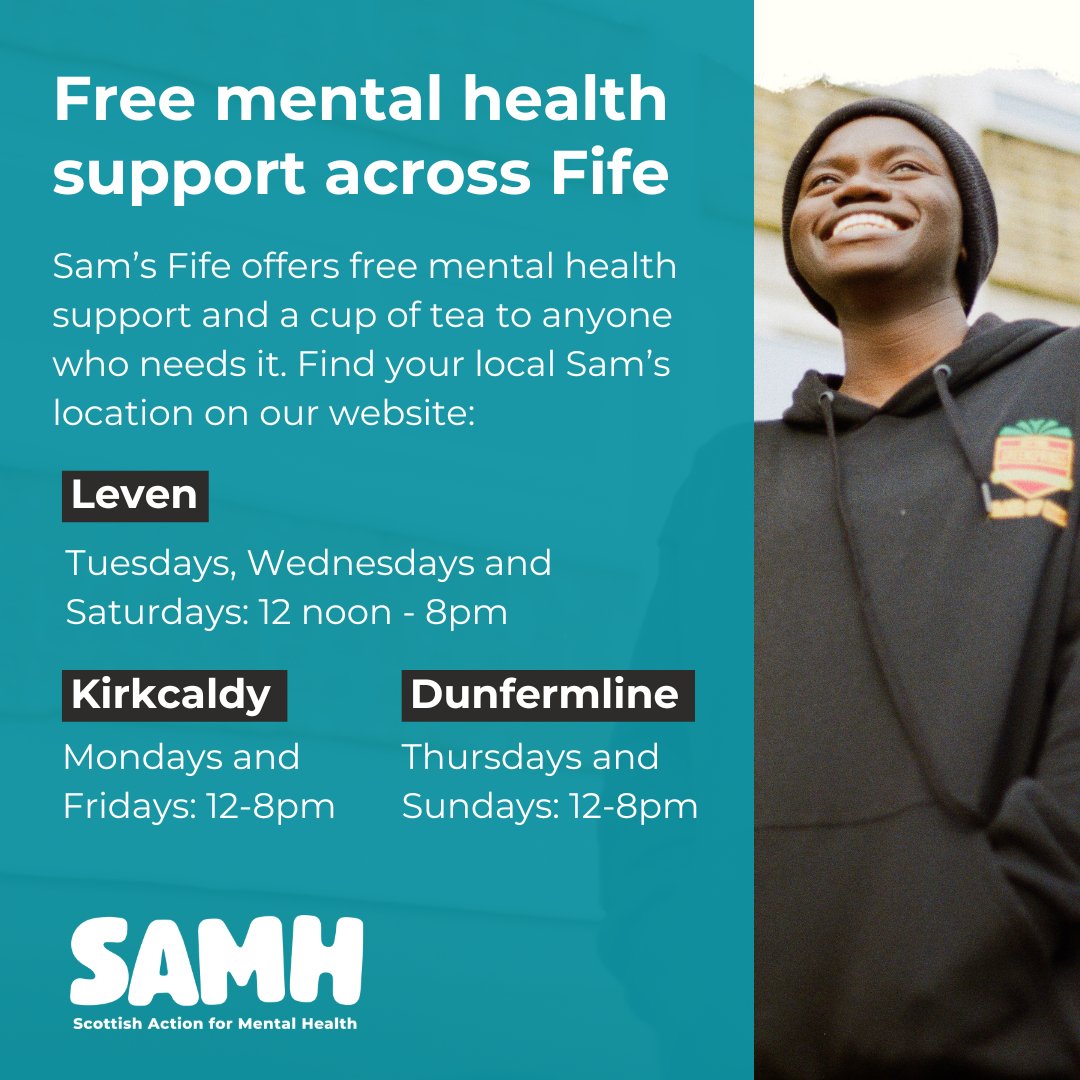 If you’re based in #Fife, we have a free mental health drop-in for you 💙 Sam’s Fife is a peer support service that doesn’t require an appointment or a referral; drop-in anytime! Find your local Sam's Fife location here: samh.org.uk/about-us/our-w…