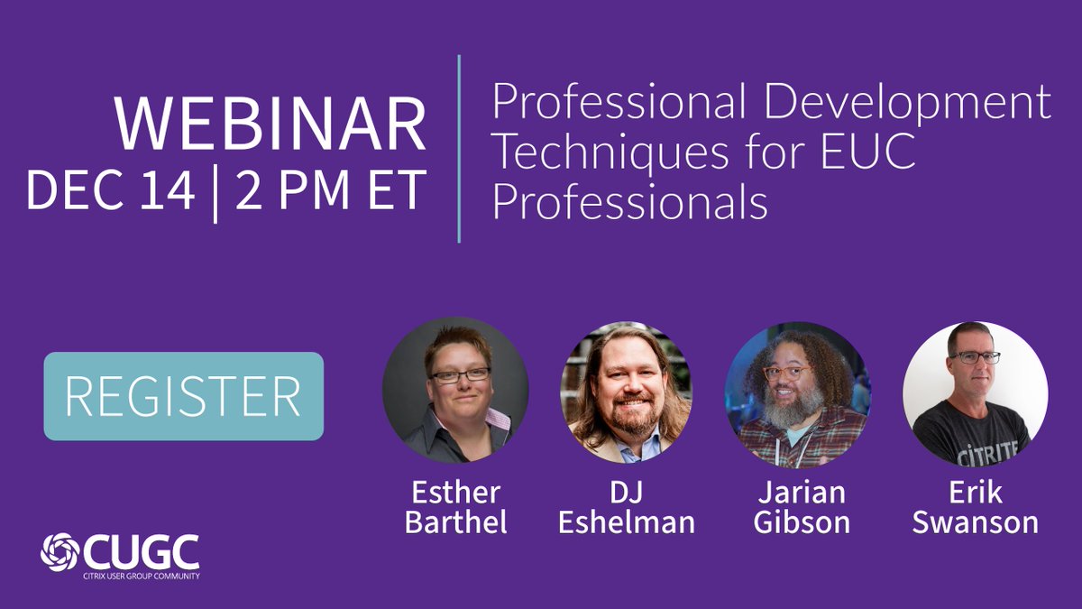 Citrix User Group Community (CUGC) (@mycugc) on Twitter photo This week: Join <a href="/EUCRecruiter/">Erik Swanson</a> <a href="/virtuEs_IT/">Esther Barthel</a> <a href="/JarianGibson/">Jarian Gibson</a> & <a href="/TheCitrixCoach/">DJ Eshelman - Author of Books, Hoster of Shows</a> for a live panel discussion on upping your networking skills to move up in your EUC career!
The is the LAST #myCUGC webinar of 2023 - hope you can join us!
mycugc.org/events/details… This week: Join <a href="/EUCRecruiter/">Erik Swanson</a> <a href="/virtuEs_IT/">Esther Barthel</a> <a href="/JarianGibson/">Jarian Gibson</a> & <a href="/TheCitrixCoach/">DJ Eshelman - Author of Books, Hoster of Shows</a> for a live panel discussion on upping your networking skills to move up in your EUC career!
The is the LAST #myCUGC webinar of 2023 - hope you can join us!
mycugc.org/events/details…
