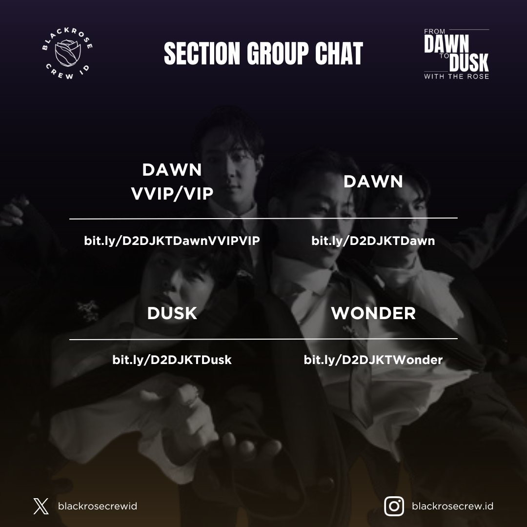 Congratulations for Blackrose who have secured the ticket!🎉

Blackrose Crew Indonesia memfasilitasi grup chat sesuai section yang bisa jadi tempat cari teman &amp; melakukan project bersama✨

VVIP &amp; VIP: bit.ly/D2DJKTDawnVVIP…

Dawn: bit.ly/D2DJKTDawn