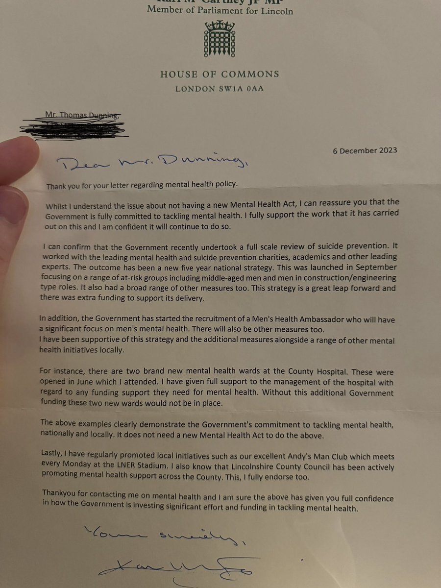 A letter response from my MP asking why the mental health act reform bill was dropped from the kings speech. The @Conservatives pledged this in their 17’ and 19’ manifesto- lives have been lost in their claw for votes. #mentalhealth #lies #reform #MentalHealthMatters #wellbeing
