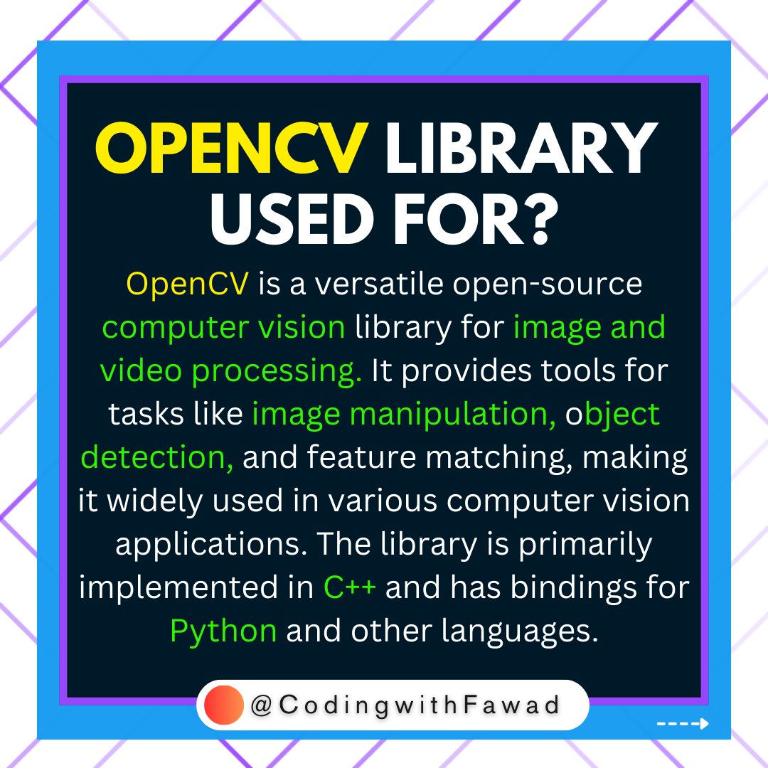 CodingwithFawad's tweet image. Opencv library used for?
#opencv #opencv3 #python #cplusplus #computervision #ai #machinelearning #coding #code #coder #coderlife
