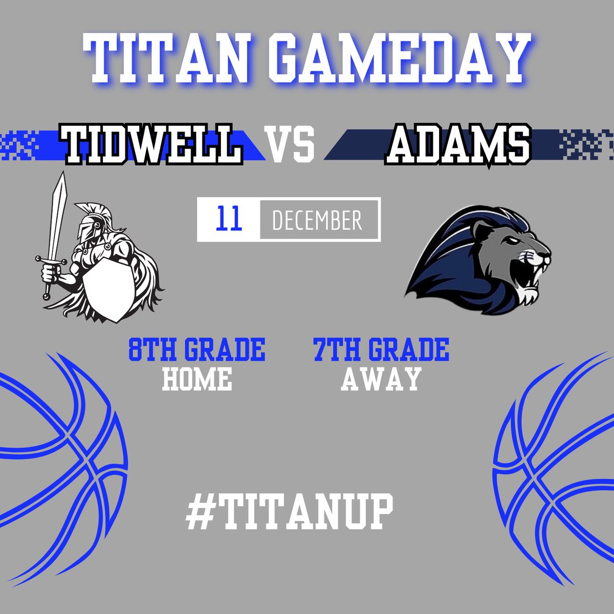 Tidwellsports's tweet photo. 🏀TITAN GAMEDAY🏀
🆚 Adams
🏟️8th Grade @ Tidwell Gym
📍 7th Grade @ Adams MS
C-Team 5pm, B-Team 6pm, A-Team 7pm

@BN_Hoops | @Tidwell_MS | @NISDAthletics | #TitanUp https://t.co/ESy8Y3h8Ht