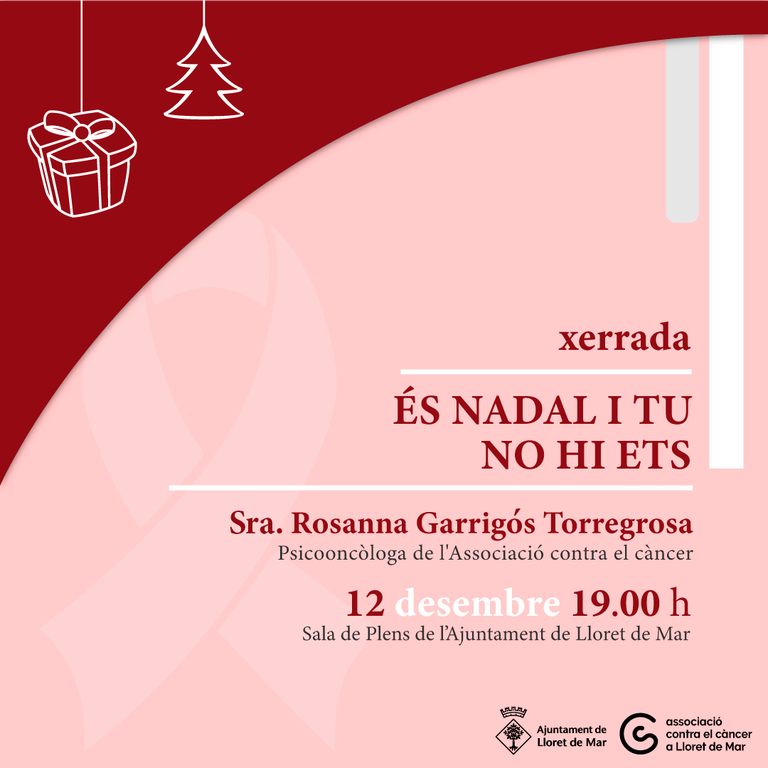 📝Aquest dimarts 12 de desembre, la Regidoria d'Igualtat presenta la xerrada titulada 'ÉS NADAL I TU NO HI ETS', la qual es durà a terme a la Sala de Plens de l'Ajuntament de Lloret de Mar a les 19.00H.