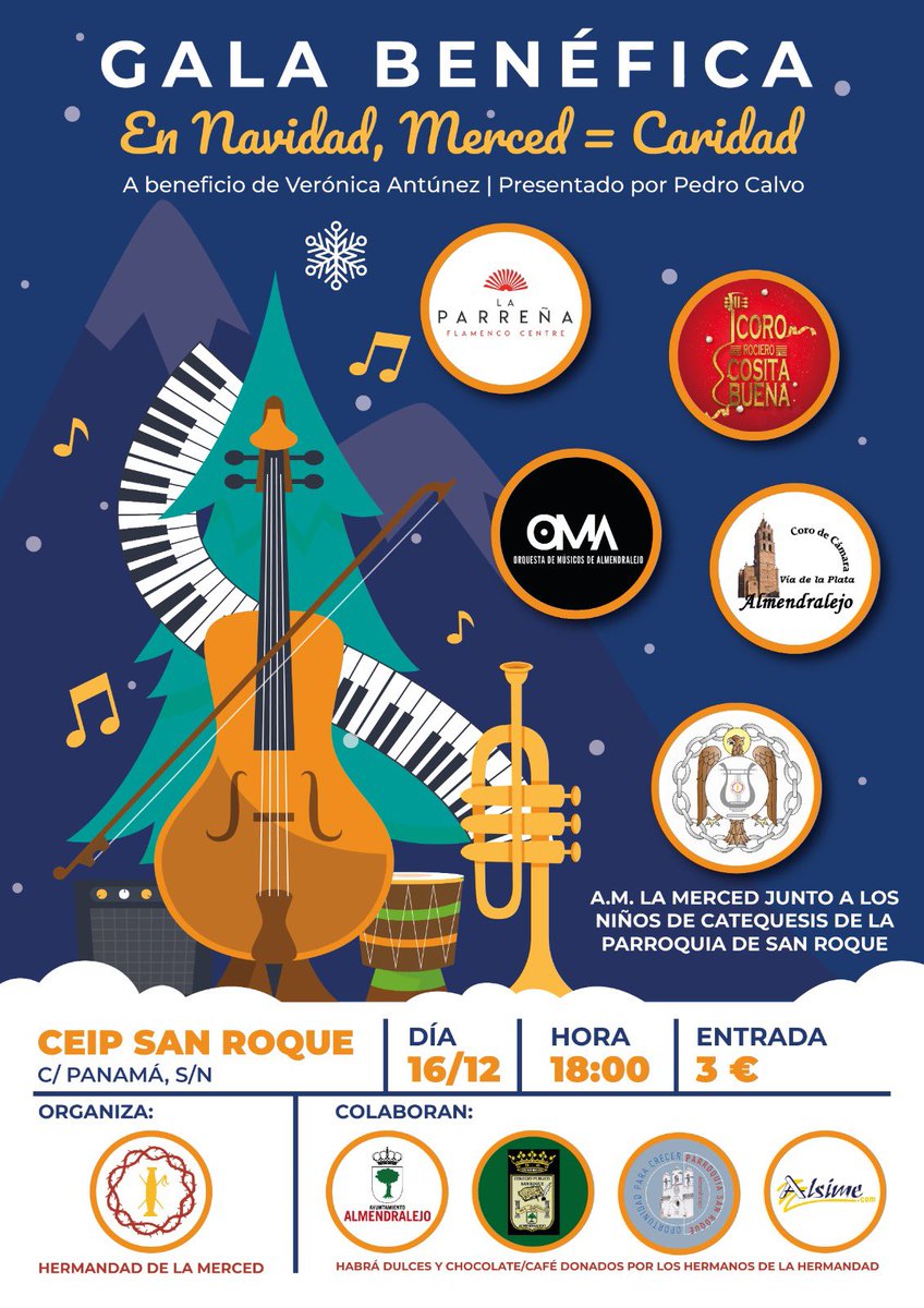 ACTUACIONES DICIEMBRE 1/3🎄🎶

✅ GALA BENÉFICA " En Navidad, Merced = Caridad" a favor de Verónica Antúnez
📅 Sábado 16 🕕 18 h
📍 Colegio San Roque 

❤️💙 MERCED = CARIDAD ❤️💙