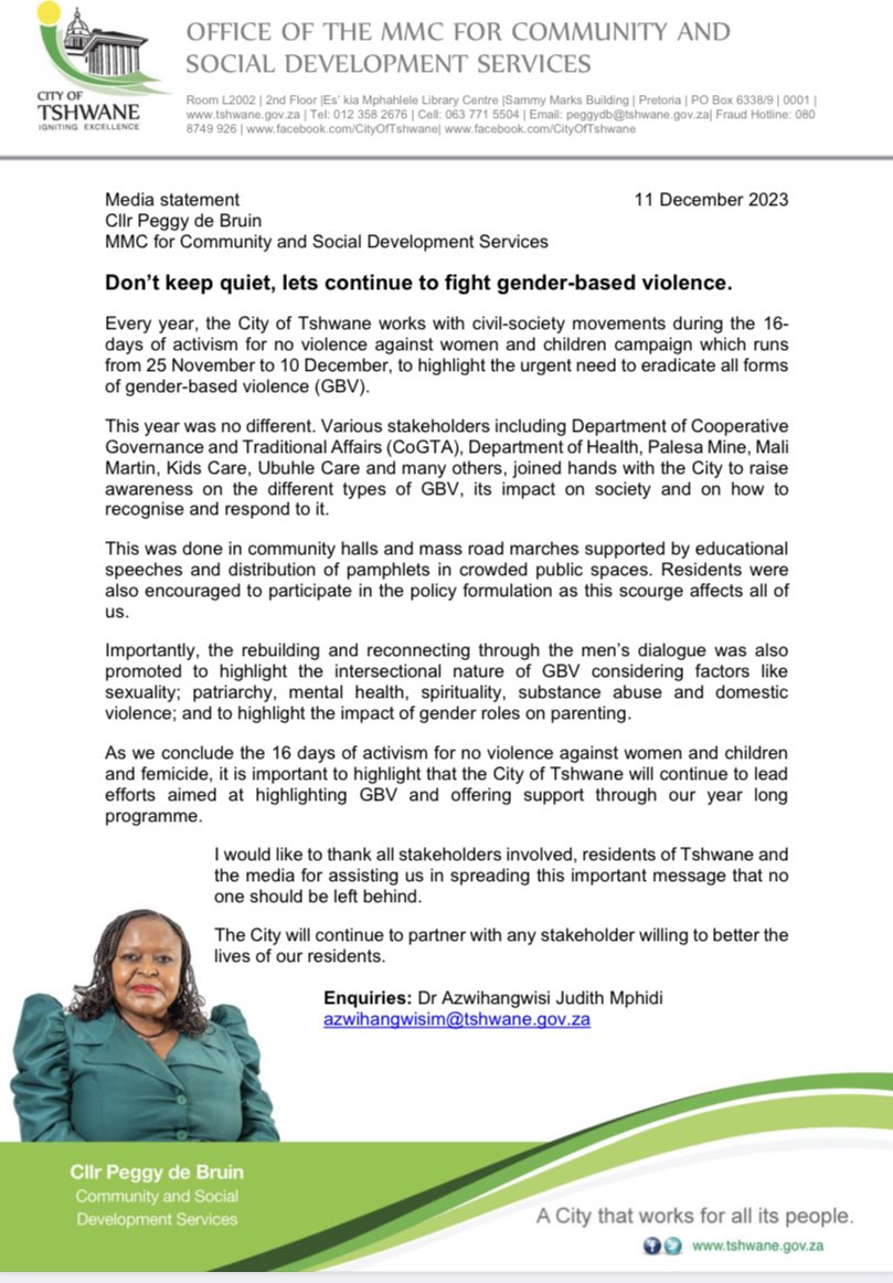 STATEMENT: Don’t keep quiet, lets continue to fight gender-based violence. @CityTshwane