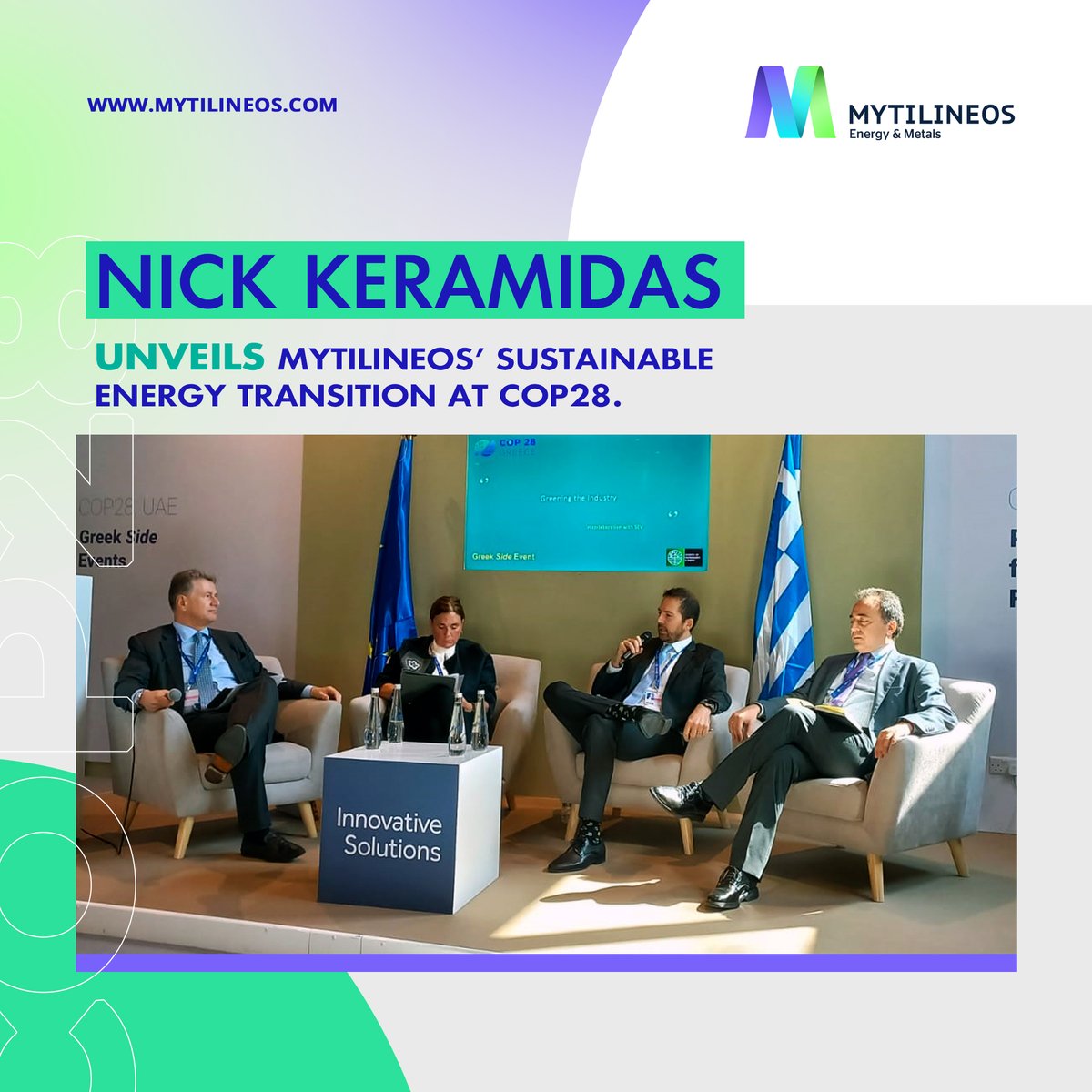 MetlenSA's tweet image. Nick Keramidas, Executive Director of EU Affairs &amp;amp; Regulatory Advocacy #MYTILINEOS Energy &amp;amp; Metals, at his recent speech at #COP28 in Dubai highlighted the company&apos;s ambitious yet realistic plan for reducing CO2 emissions by 2030 and achieving a sustainable horizon by 2050.