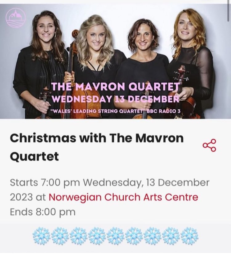 The Mavron Quartet (@mavronquartet) on Twitter photo #stringlebells
Feeling festive from your head to your mistletoes?! 🎄
Then join us on Wednesday 13th at 7pm for some festive #stringquartet cheer. Including music by #corelli and #thepogues at <a href="/NorwegianChurch/">Norwegian Church Arts Centre / Eglwys Norwyaidd</a> (£12)
Ho ho hope to see you there!
🎼🎻🎻🎻🎻 #stringlebells
Feeling festive from your head to your mistletoes?! 🎄
Then join us on Wednesday 13th at 7pm for some festive #stringquartet cheer. Including music by #corelli and #thepogues at <a href="/NorwegianChurch/">Norwegian Church Arts Centre / Eglwys Norwyaidd</a> (£12)
Ho ho hope to see you there!
🎼🎻🎻🎻🎻