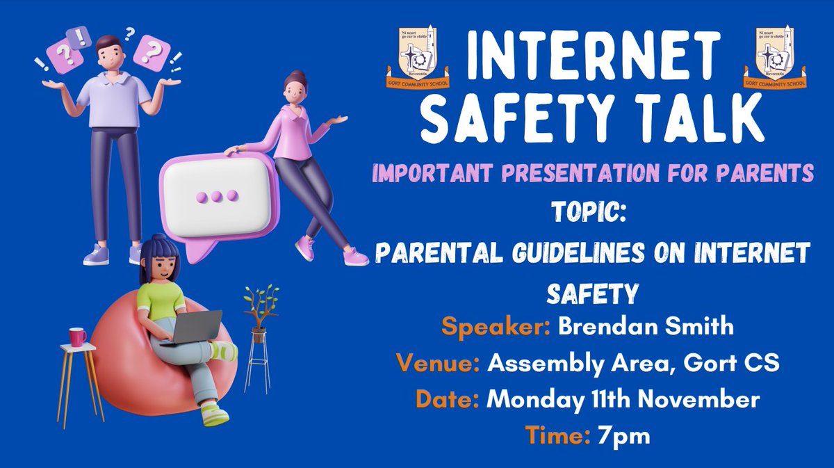 There is an important presentation regarding Parental Guidelines on Internet Safety by Brendan Smyth for parents this Monday evening, December 11th, at 7pm in the school assembly area.