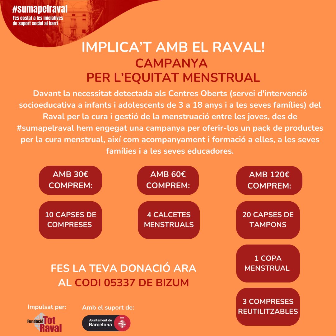 Enguany hem engegat una campanya per ajudar a cobrir la necessitat de productes per la cura menstrual, així com acompanyament i formació per la gestió de la menstruació a joves, famílies i educadores dels Centres Oberts del #Raval. Suma-t'hi!! bit.ly/3H2Errx