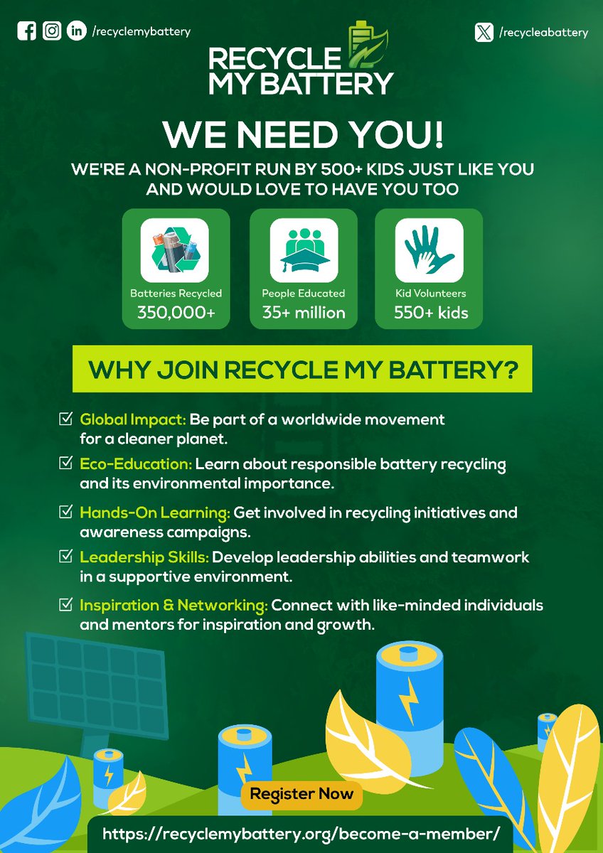 Celebrating Milestones Together!
Thank you, everyone, for your incredible support! Today, we've recycled over 350,000 batteries and reached 35 million people with our mission. 

#RecycleMyBattery #Sustainability #Milestones #TogetherWeCan #YoungChangemakers
