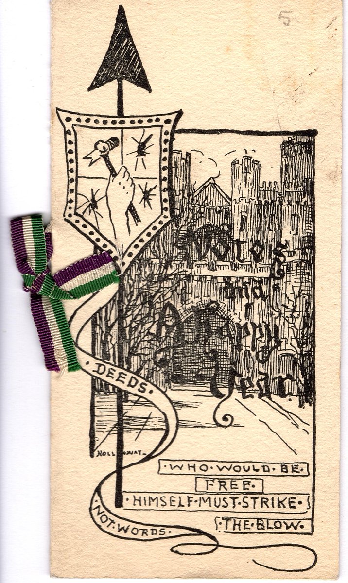 'Votes and A happy year' This card from the Women's Library features Holloway Prison and a ribbon in #suffragette colours.