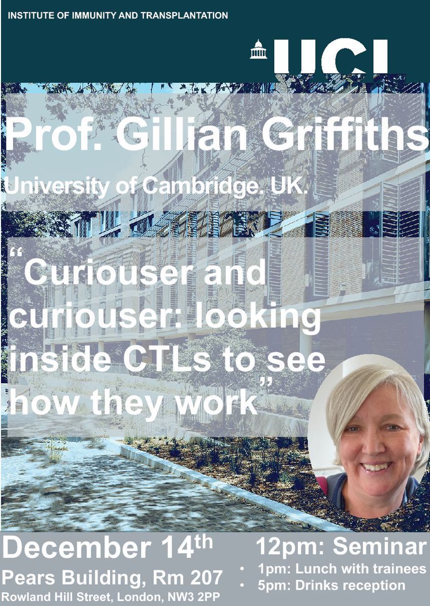 IIT External Seminar Series - Prof Gillian Griffiths @griffiths_lab @TheCIMR presents: 'Curiouser and curiouser: looking inside CTLs to see how they work.' In person at the Pears Building and online. 🗓️ Thursday 14 December ⏰ 12:00 - 13:00 buff.ly/3TlZtLi