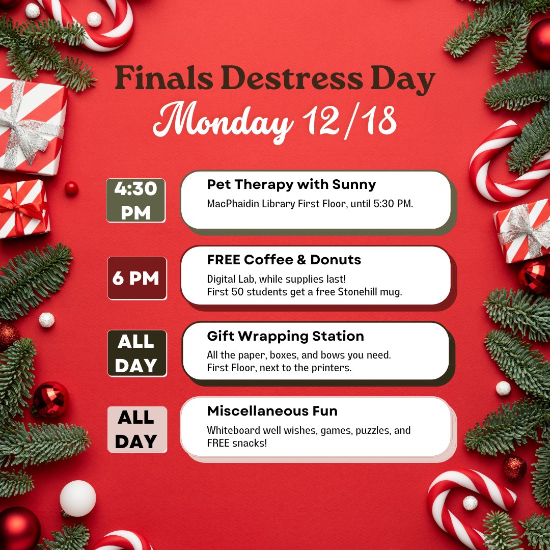macphaidin_lib's tweet image. Happy last week of classes!  Finals are approaching, and the library has a fun-filled day planned to help you destress.  Join us on MON. 12/18 for our annual Finals DeStress Day! See you there!

#Finals #DeStress #HolidayFun #TherapyDogs #PetTherapy #Crafts #MacphaidinLibrary