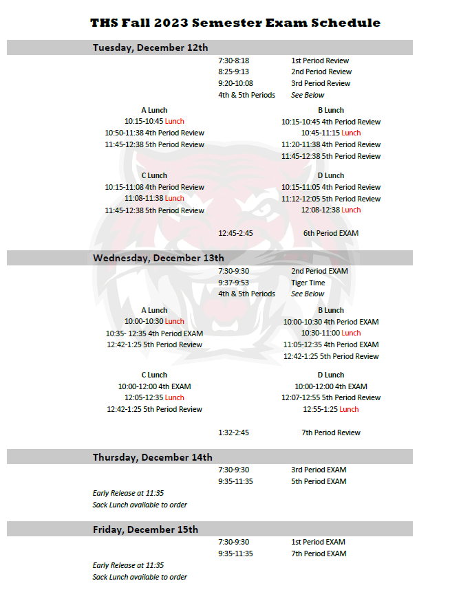 Exams start tomorrow, Tigers! Keep this handy so you know where to go each day!