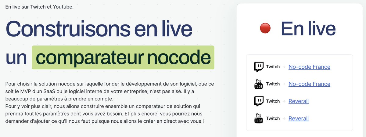 Olivier Martineau (@omartineau) on Twitter photo Ce soir, avec <a href="/NoCodeFrance/">NoCodeFrance</a> et Raphael Scotto DI perta (no-code chronicle) nous commençons une série de Live sur la stack #weweb + #supabase (du sérieux 💪🏻)
Le projet : un site pour comparer et positionner toutes les solutions no-code entre elles.
reverall.com/live Ce soir, avec <a href="/NoCodeFrance/">NoCodeFrance</a> et Raphael Scotto DI perta (no-code chronicle) nous commençons une série de Live sur la stack #weweb + #supabase (du sérieux 💪🏻)
Le projet : un site pour comparer et positionner toutes les solutions no-code entre elles.
reverall.com/live