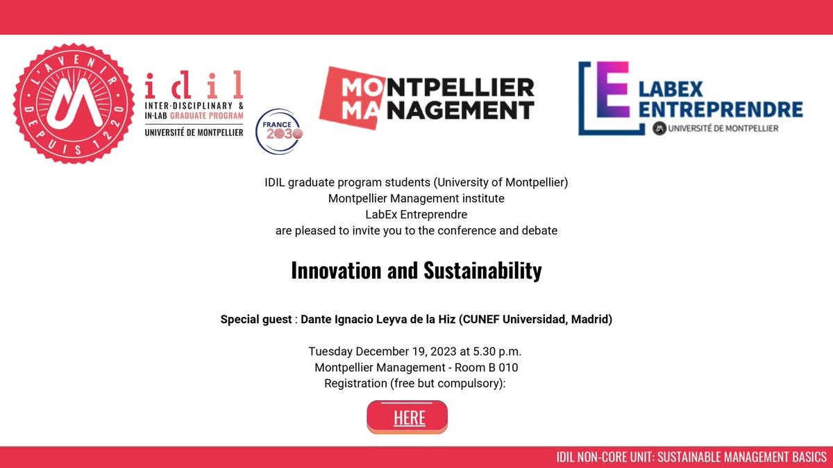 Université de Montpellier (@umontpellier) on Twitter photo Les étudiants du programme IDIL <a href="/umontpellier/">Université de Montpellier</a>
@MtpManagement <a href="/LbxEntreprendre/">Labex Entreprendre</a> animeront une conf-débat qui vise à apporter quelques éléments d'analyse des liens complexes entre innovation et soutenabilité
📅 19/12 - 17h30 à 19h
ℹ infos et inscriptions : montpellier-management.fr/liste-des-even… Les étudiants du programme IDIL <a href="/umontpellier/">Université de Montpellier</a>
@MtpManagement <a href="/LbxEntreprendre/">Labex Entreprendre</a> animeront une conf-débat qui vise à apporter quelques éléments d'analyse des liens complexes entre innovation et soutenabilité
📅 19/12 - 17h30 à 19h
ℹ infos et inscriptions : montpellier-management.fr/liste-des-even…