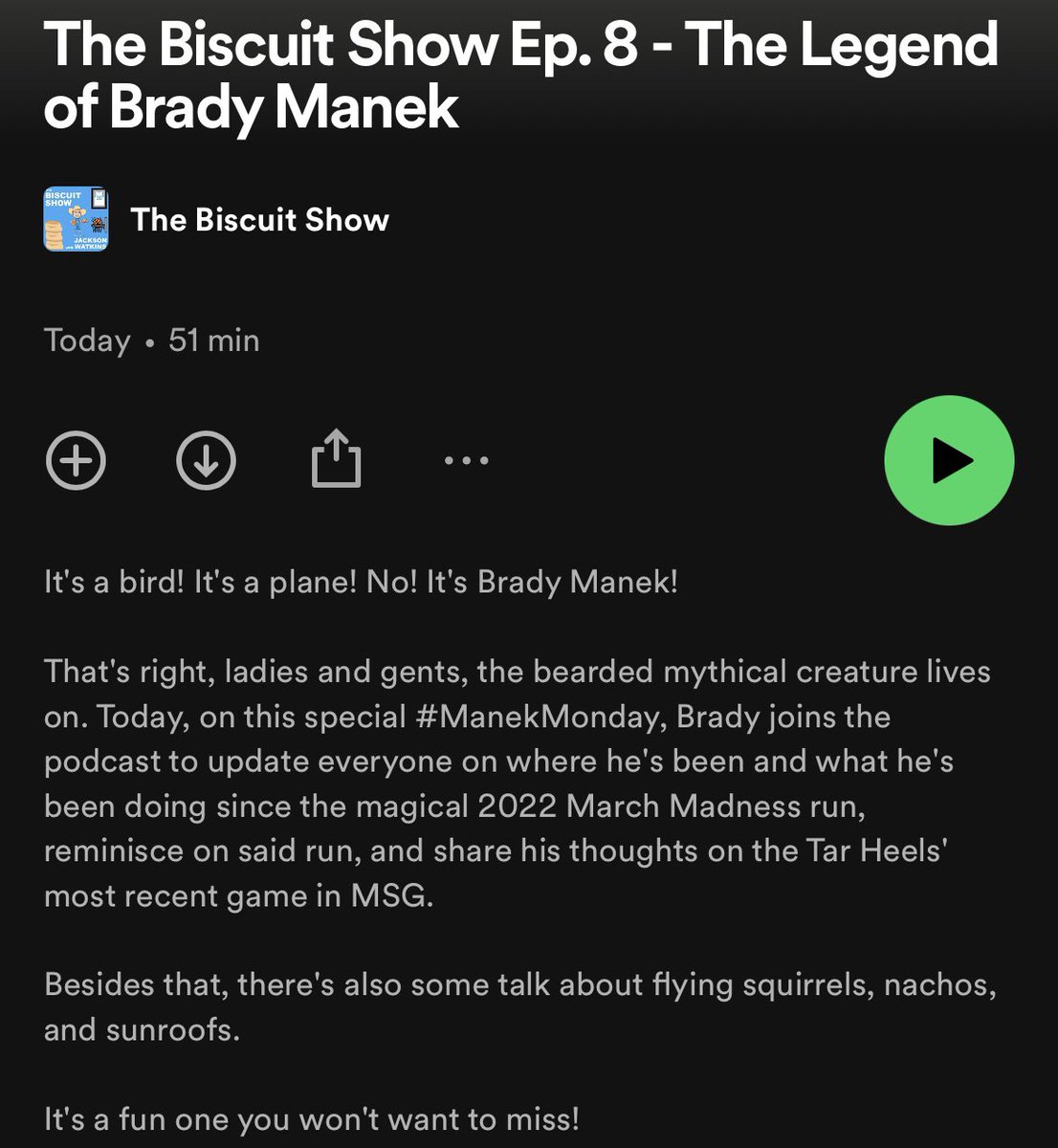 it’s not just any #ManekMonday … cuz he’s on this week’s episode of The Biscuit Show! Show @BradyManek some love and enjoy the listen! open.spotify.com/episode/7CVt7z… #bradymanek #uncbasketball #biscuits