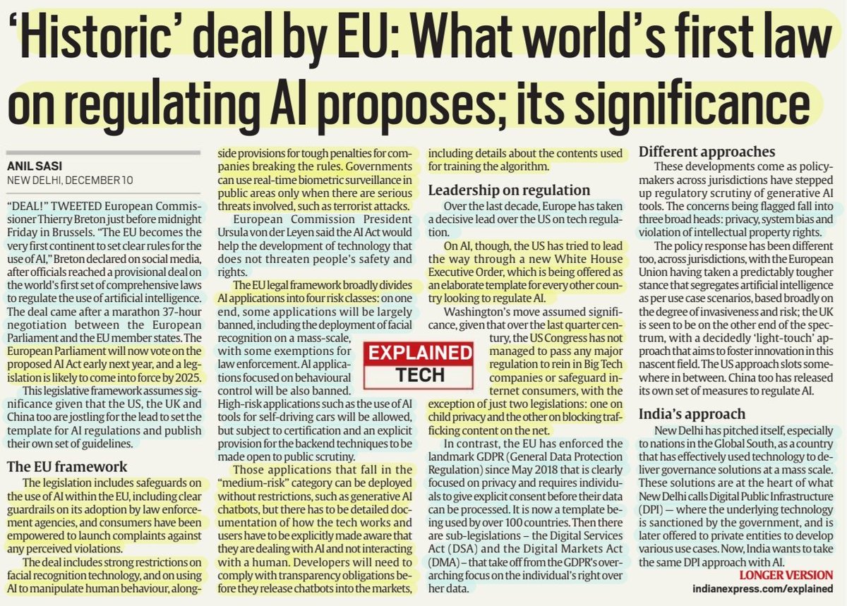 *'Historic' deal by EU:What World's 1st law on Regulating AI proposes;it's Significance : Explained #EuropeanUnion #gdpr #dsa #DMA #ArtificialInteligence #Deal #Law #regulation #USA #unitedkingdom #China #surveillance #privacy #SystemBias #IPR #technology #UPSC Source:IE