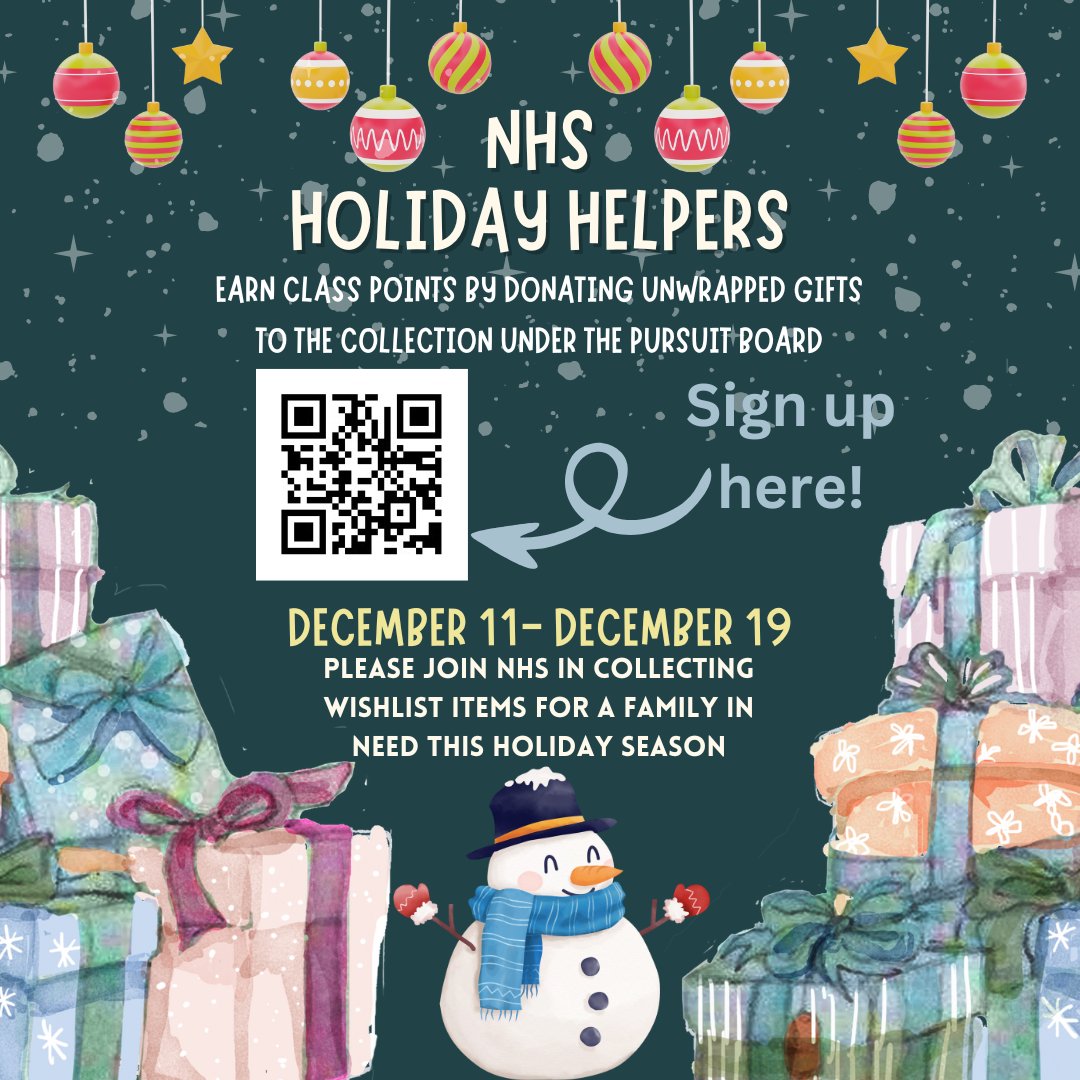 Hey Phoenix, Make an impact this holiday season by supporting National Honor Society's Holiday Helpers service project. Class points will be awarded!