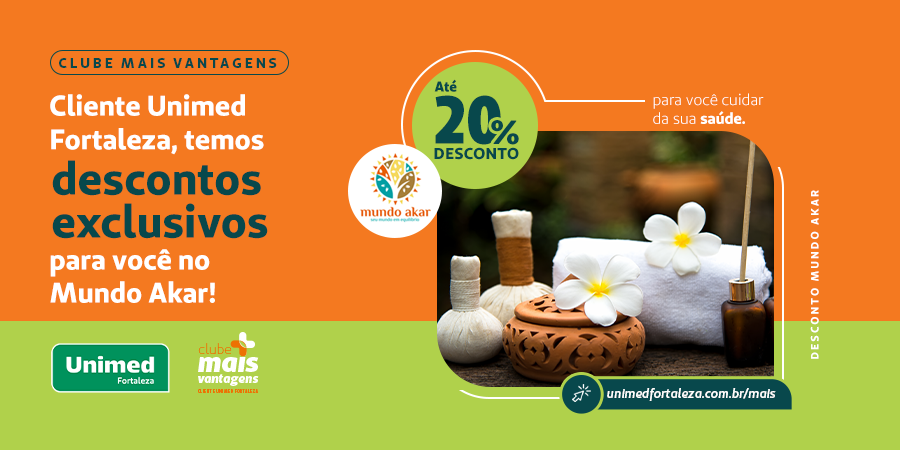 Quer se sentir mais equilibrado e feliz? Conheça o @mundo_akar, parceiro do Clube Mais Vantagens da Unimed Fortaleza. Aproveite massagens e terapias com descontos para cuidar do seu equilíbrio físico e mental. 🧘‍♀️

Saiba mais em unimedfortaleza.com.br/mais.