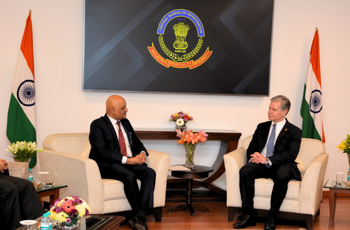 FBI Director Christopher A Wray meets CBI Director Praveen Sood at CBI Headquarters in New Delhi.