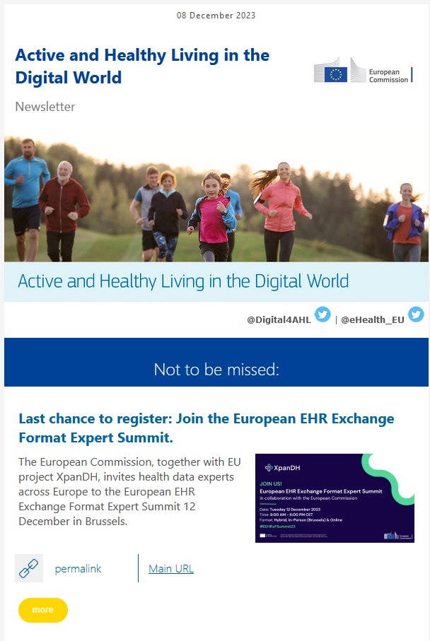 The newest edition of the newsletter "Active and Healthy Living in the Digital World" is out. ec.europa.eu/newsroom/livin… Subscribe: ec.europa.eu/newsroom/livin…

<a href="/eHealth_EU/">eHealth_EU</a>
#digitalhealth #ahl