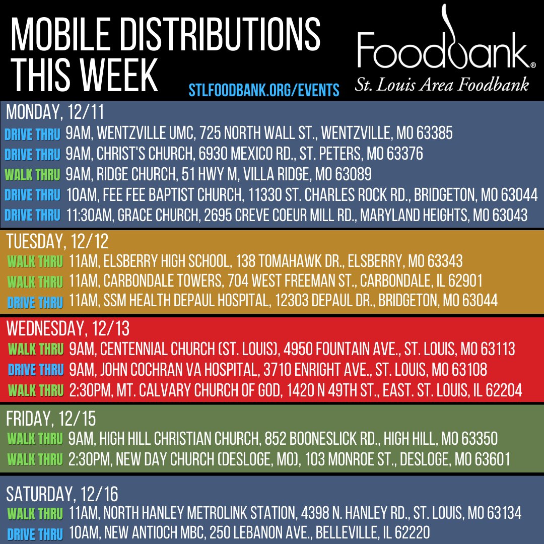 Here is this week's mobile line-up. Please share! Any adjustments due to weather will be posted in the comments. For other options, visit stlfoodbank.org/events/. #FoodDistribution #FoodInsecurity