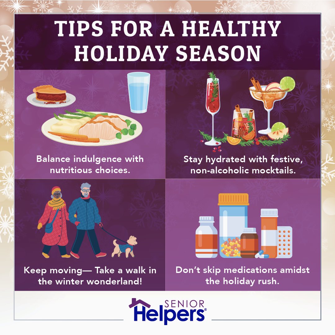 Festive feasts and holiday treats are around the corner, but we've got your health covered! Here are our 4 tips for a healthy holiday season.  🍽️💪 #SeniorHelpers #SeniorHealth #HealthyHolidays