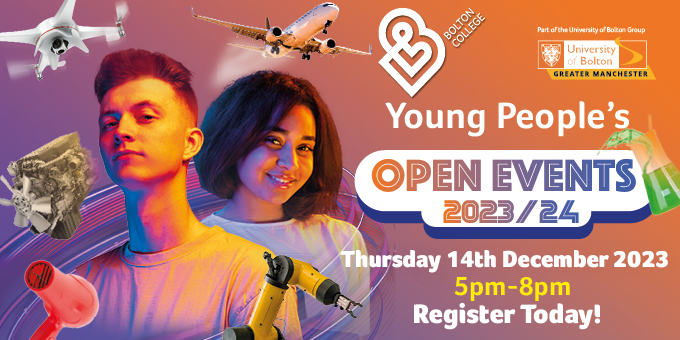 BoltonCollege's tweet image. ⚡ Not long until our Young People&apos;s Open Event! ⚡
Join us this Thursday, 5pm-8pm, and meet staff and students, tour our facilities, and learn more about our #StudyProgrammes #TLevels and #Apprenticeships
Register here: boltoncollege.ac.uk/register-open-…  
📍 Deane Road Campus, BL3 5BG