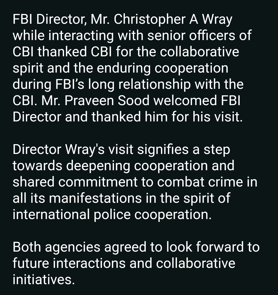 FBI, CBI chief discussed challenges 'posed by organized crime networks, cyber enabled financial crimes, ransomware threats, economic crimes and transnational crimes', India release