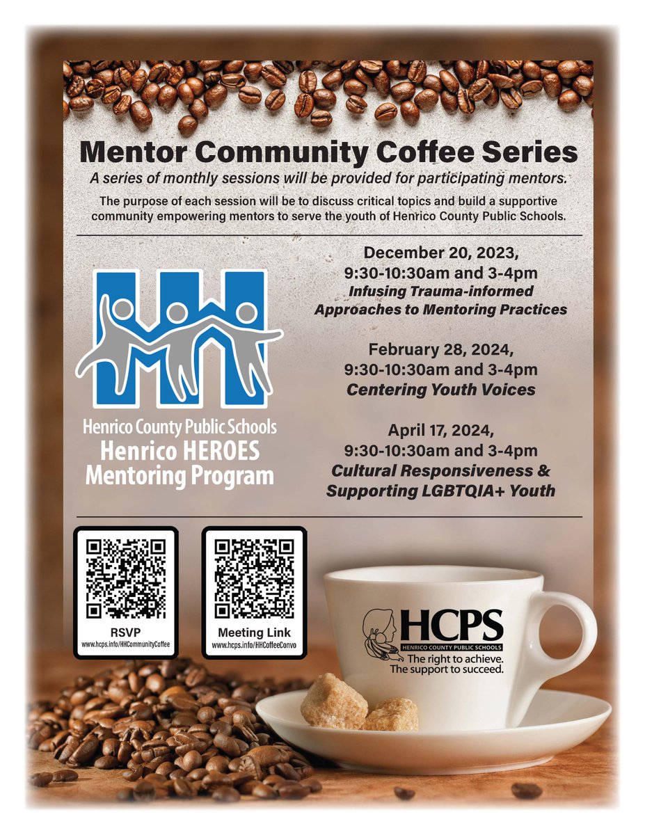 December starts off our Mentor Community Coffee Series! RSVP and tune in December 20th from 9:30am-10:30am and 3-4pm! hcps.info/HHCommunityCof…