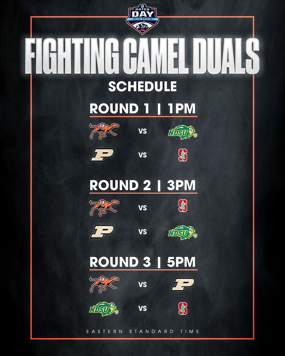 Campbell Wrestling (@gocamelswrestle) on Twitter photo What does a Boilermaker, a Camel, a Bison, and a Tree all have in common?
We are not sure either but come & find out NEXT WEEK right here in Buies Creek.
🐪 🆚 Fighting Camel Duals
🗓️: Tuesday, December 19
⏰: 1PM, 3PM, 5PM
📍: Gore Arena, Buies Creek
📺: <a href="/UFCFightPass/">UFC FIGHT PASS</a> What does a Boilermaker, a Camel, a Bison, and a Tree all have in common?
We are not sure either but come & find out NEXT WEEK right here in Buies Creek.
🐪 🆚 Fighting Camel Duals
🗓️: Tuesday, December 19
⏰: 1PM, 3PM, 5PM
📍: Gore Arena, Buies Creek
📺: <a href="/UFCFightPass/">UFC FIGHT PASS</a>