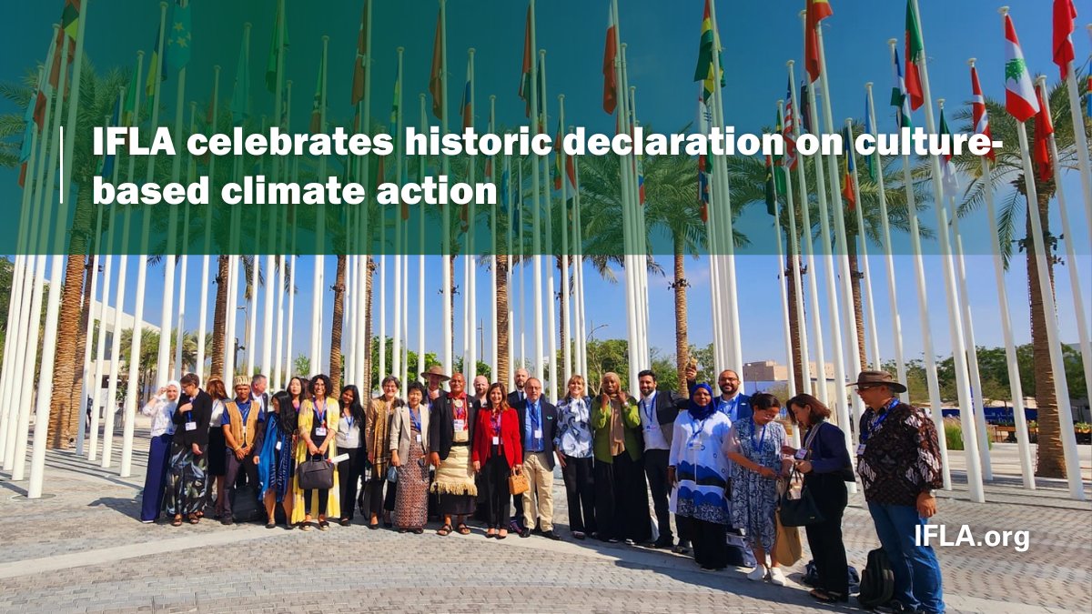 IFLA celebrates a historic declaration on #culture-based #ClimateAction at <a href="/COP28_UAE/">COP28 UAE</a>! 🌍📚 #Libraries are included among key partners shaping this monumental step.

Read more: bit.ly/48beYcX

 #COP28
