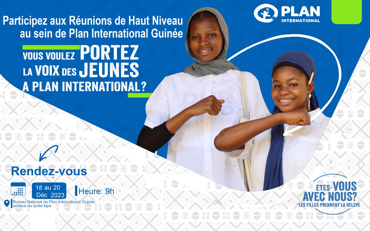 <a href="/planguinee/">Plan International Guinée</a> ouvre désormais un siège lors de ses réunions importantes, réservé spécialement à un(e) jeune. Si vous souhaitez être représenté(e) de manière effective, rendez-vous le lundi 18 décembre 2023 au Bureau de <a href="/planguinee/">Plan International Guinée</a> pour la désignation/vote de votre représentant(e).
