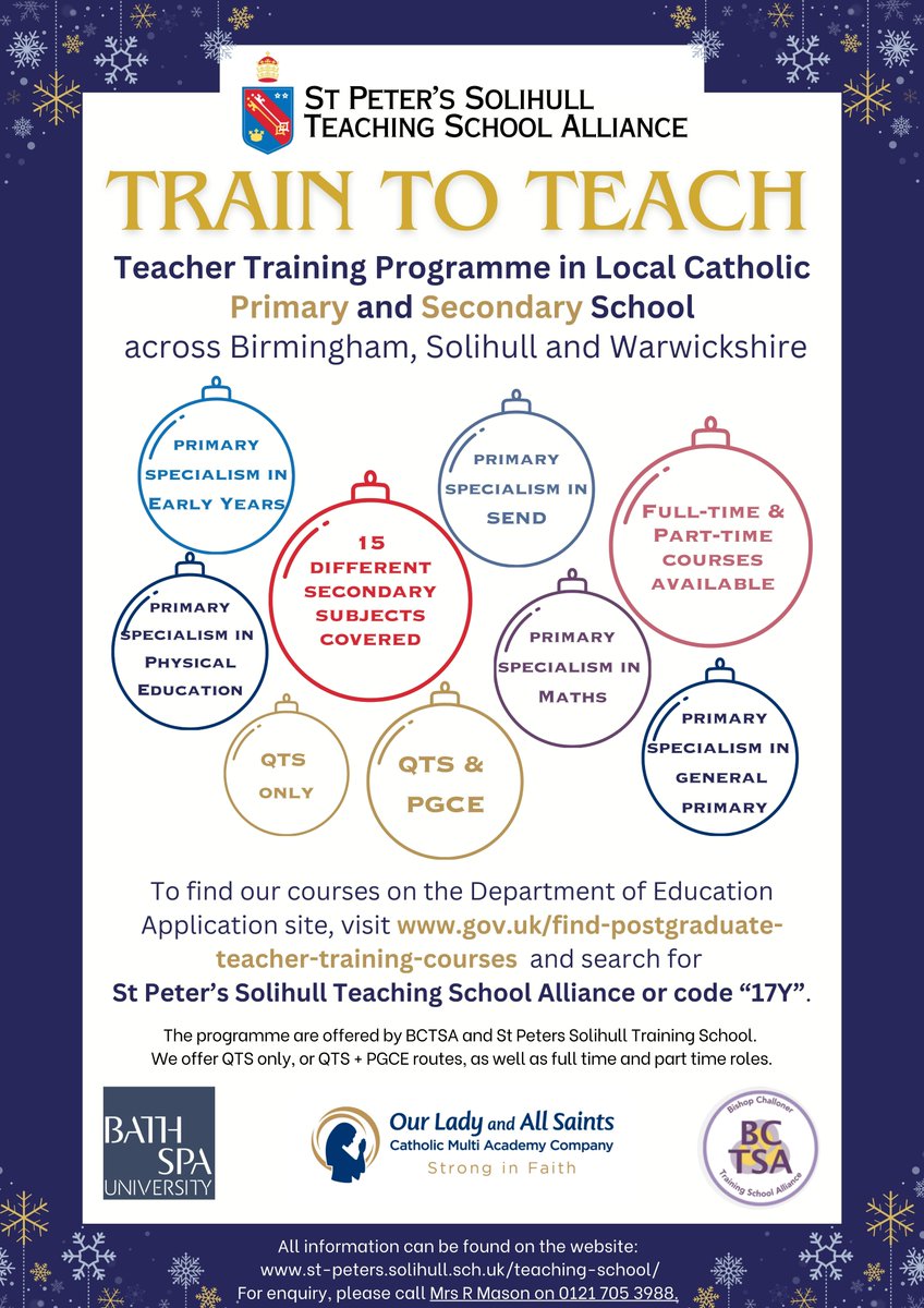 You can train to be a teacher in Catholic schools in our area, through the teacher training program offered by BCTSA and St Peters Solihull Training School Alliance. Find our more from: st-peters.solihull.sch.uk & bctsa.org. @StPetersSch @BCTAS_training