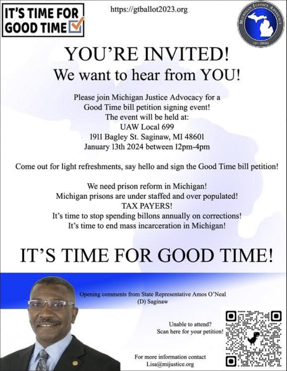 There is an upcoming Good Time bill event on January 13th at the UAW Local 699 between 12-4pm. Anyone who can attend please come and allow family or friends to know as well we need all the signatures we can get.